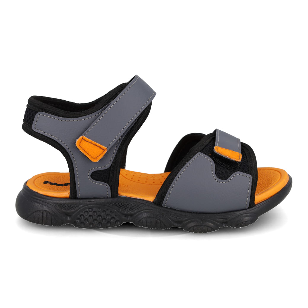 Papete infantil masculino Funfeet cinza grafite com detalhes em preto e laranja, vista lateral direita